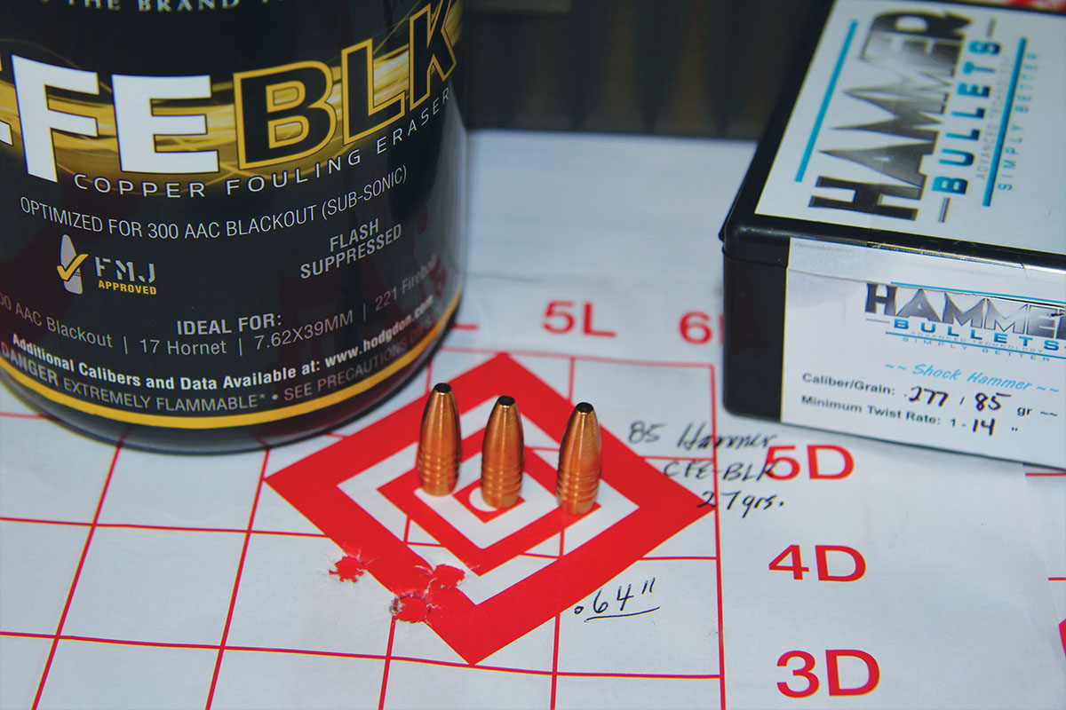 Hammer Bullets’ 85-grain Shock Hammer and 27 grains of Hodgdon CFE BLK have proven deadly effective on hogs from Patrick’s 6.8 Remington SPC rifle.